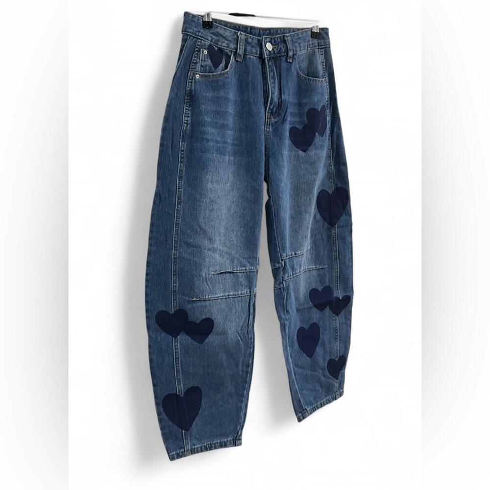 NEW BARREL Y2K Streetwear SZ S High Rise Slouchy Cropped Denim Heart Jeans Pants - Picture 6 of 9